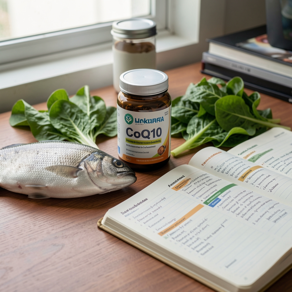 CoQ10 supplement jar beside fish, leafy greens and an open nutrition journal on a Jakarta desk