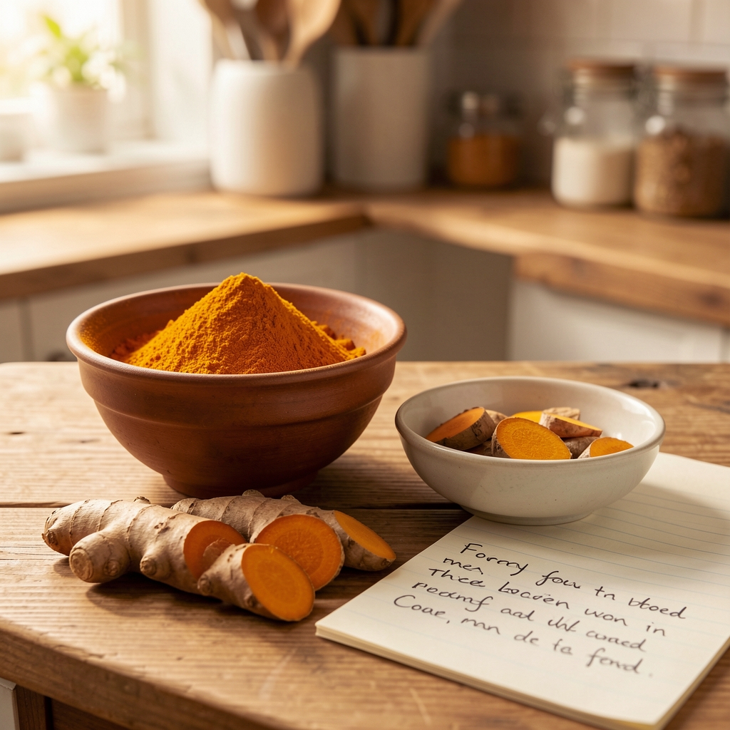 Sliced turmeric root, spice bowl and handwritten food notes in warm kitchen light
