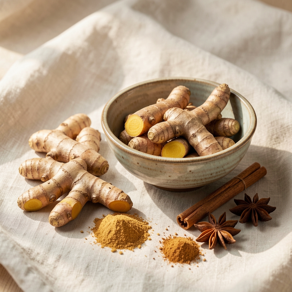 Fresh turmeric roots, warm spices and a ceramic bowl arranged on pale linen in natural light