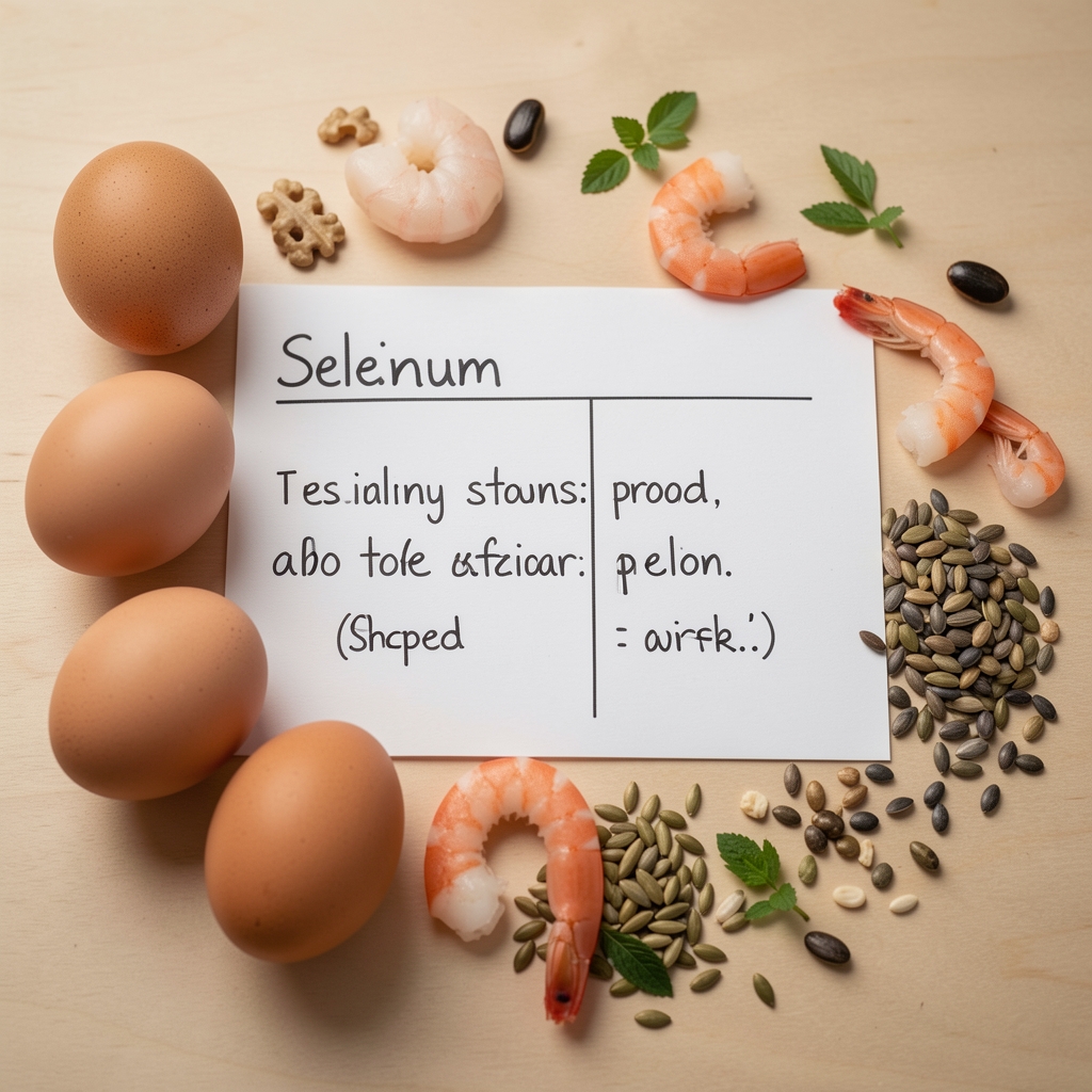 Eggs, seafood and seeds arranged beside a handwritten selenium food comparison