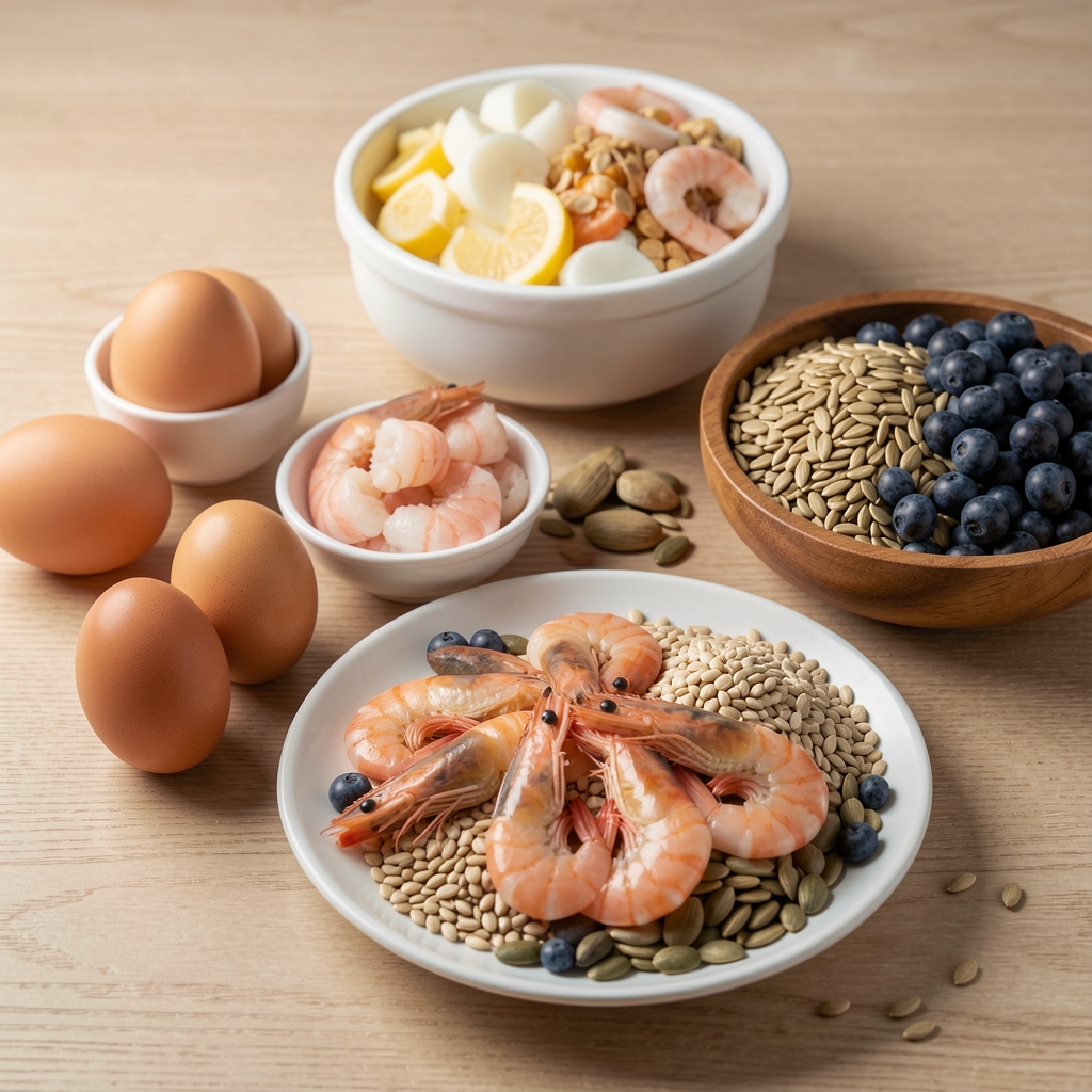 Selenium-rich eggs, seafood and seeds arranged as a balanced breakfast still life