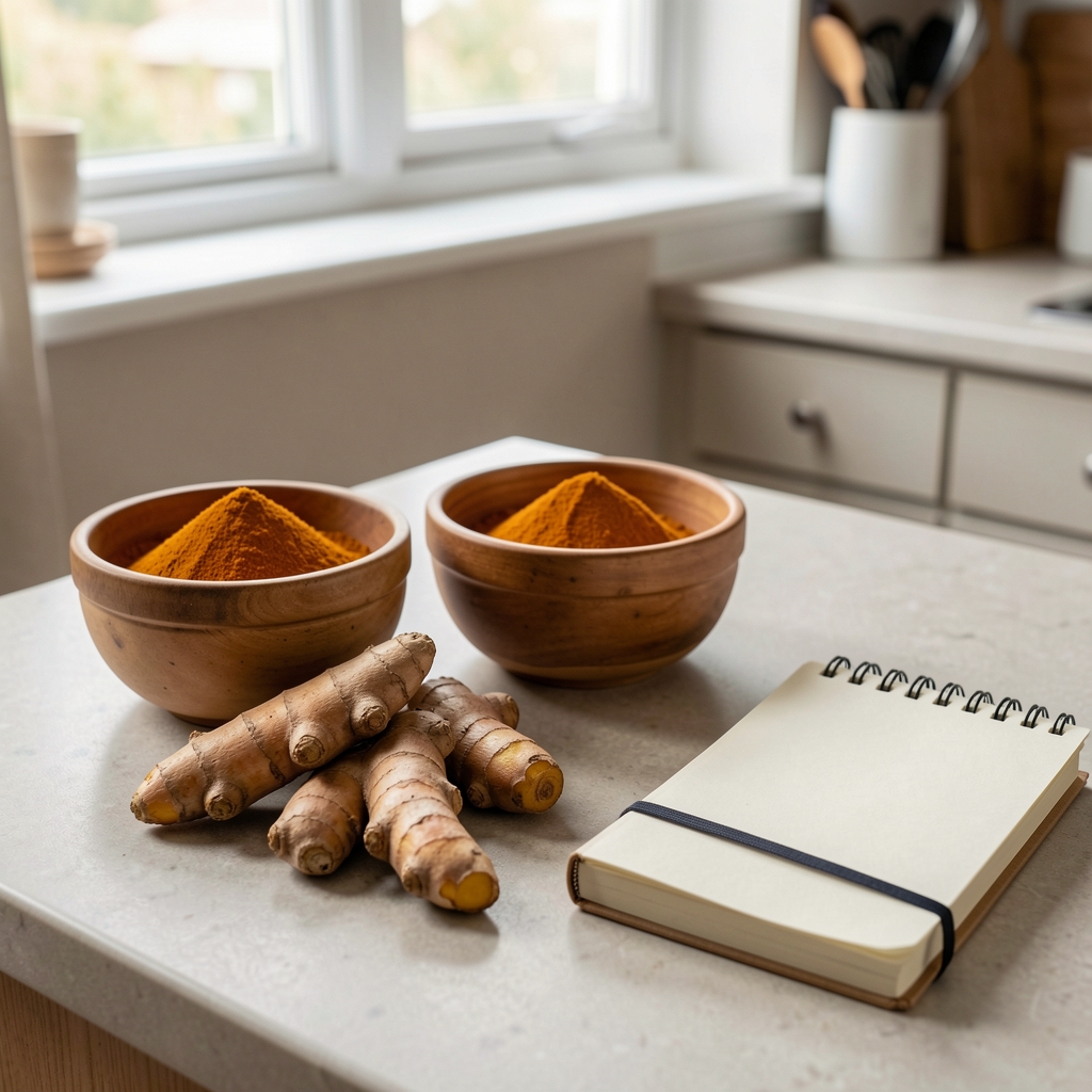 Turmeric root, spice bowls and a small notebook arranged on a kitchen counter in natural light