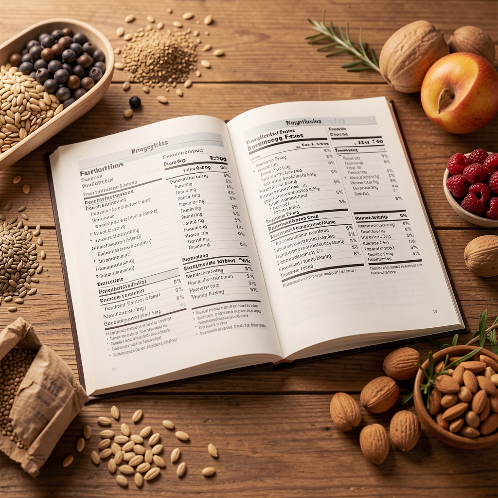 Open nutrition journal with annotated ingredient labels, seeds and whole foods on a wooden table