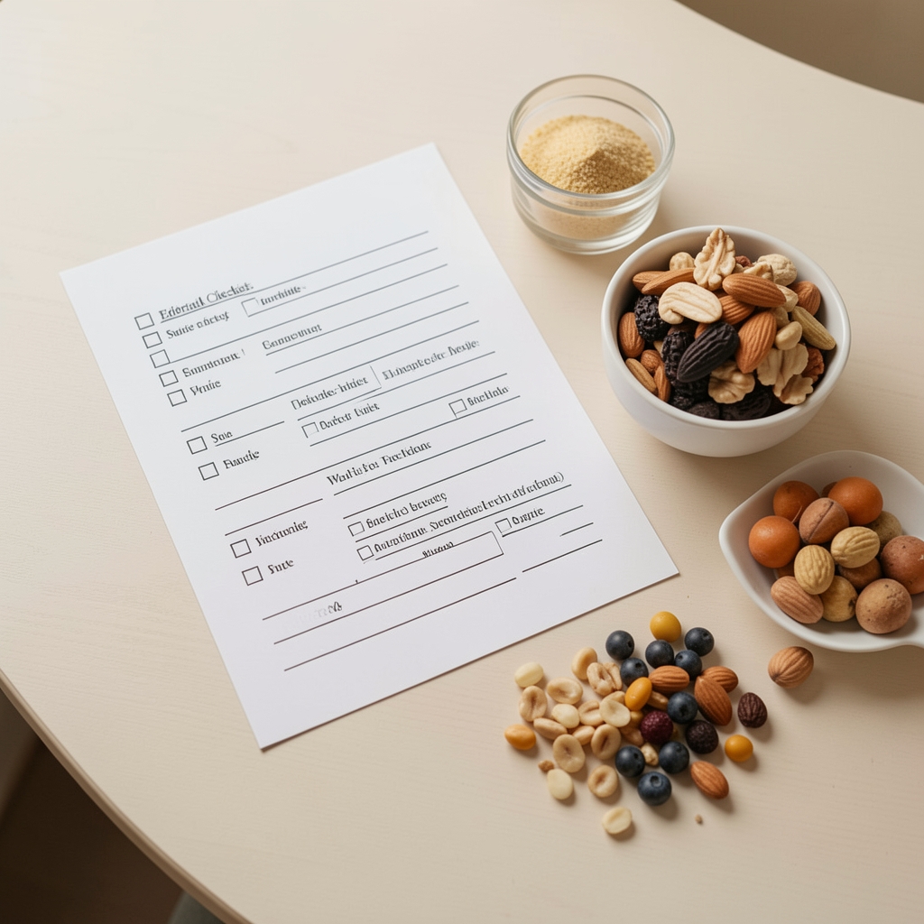 Editorial checklist, source cards and whole-food ingredients arranged on a pale desk